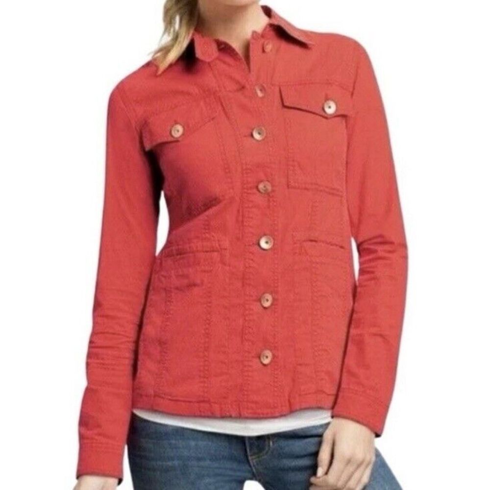 CAbi Taylor Utility Jacket Medium Ruffle Back "Vintage Lobster" Red Orange Coral